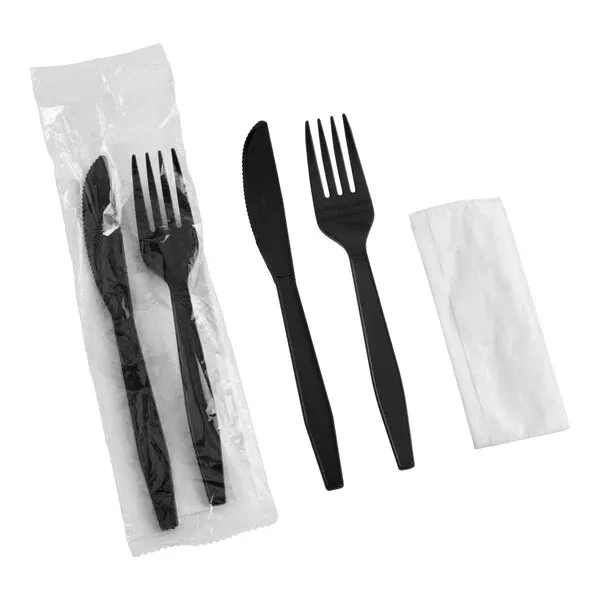 KIT - 3/1 X-HVY WT. BLACK PP FORK (5.6 GRAMS), KNIFE (6.2 GRAMS), 12X13" 1PLY NAPKIN - 250 PER CASE